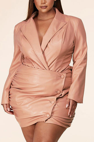 Mauve Faux Leather Bodysuit with Buttom up Mini Skirt
