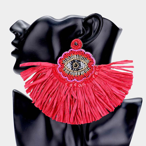 Red oversized beaded evil eye Raffia Fan Tassel Earrings
