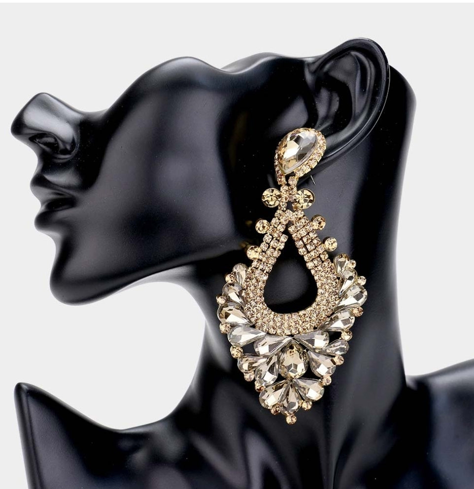 Gold Pear Rhinestone Pageant Earrings