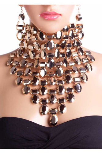 Gold Faceted Crystal Collar Bib Choker Necklace