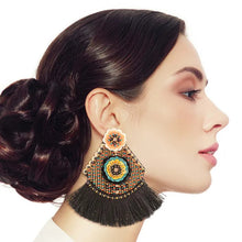 Load image into Gallery viewer, Floral Bead Black Tassel Earring